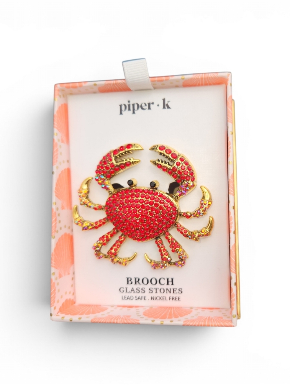 Piper K Crab Brooch Coral Glass Stones